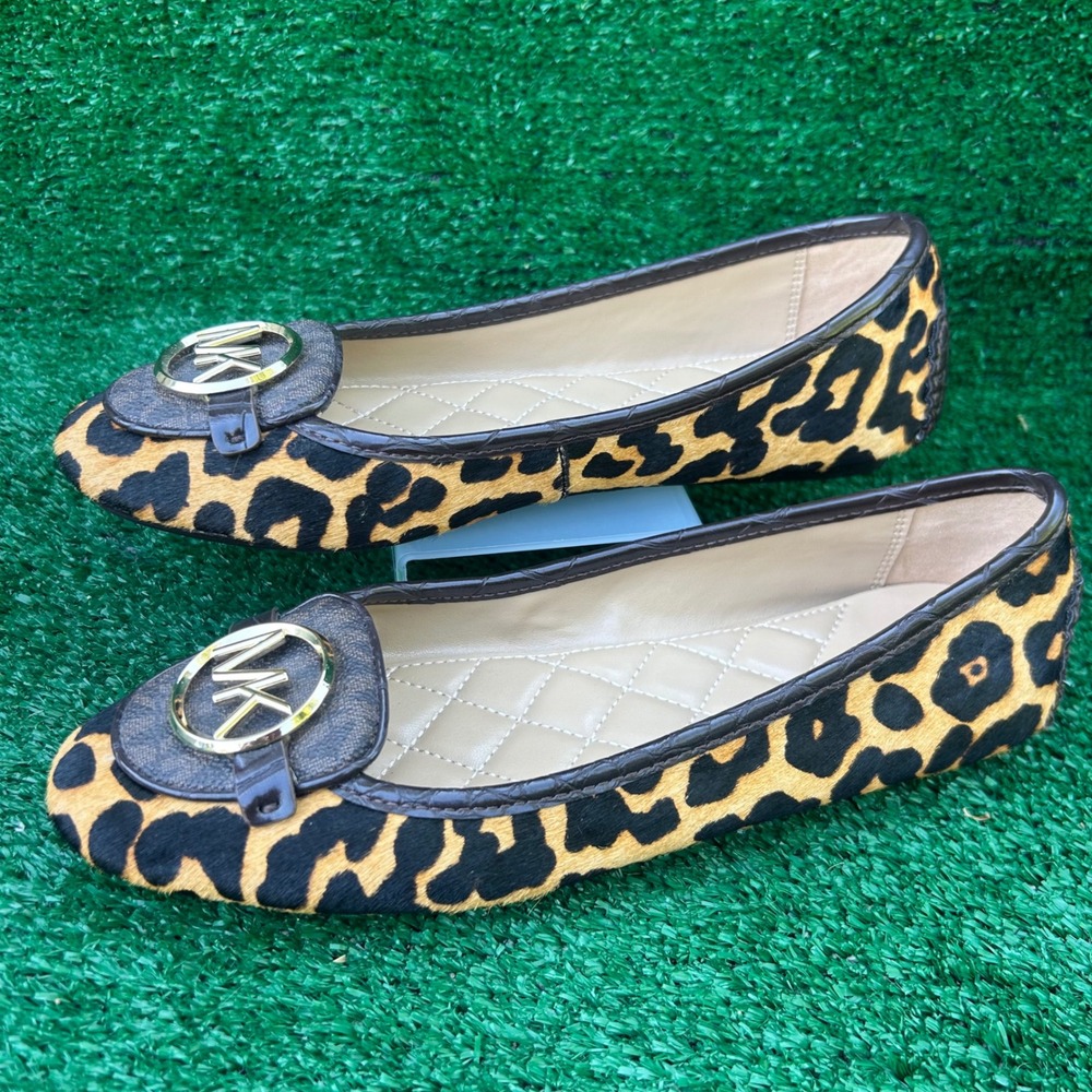 Michael Kors Fulton Leopard Haircalf Ballet Flats MK Logo Medallion Brown 7.5M